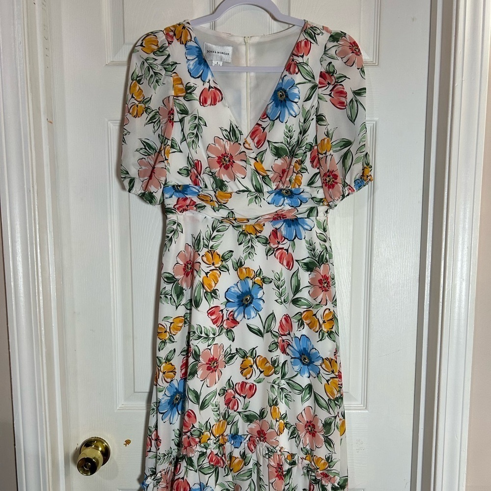 Donna Morgan Blue and Red Ruffled Tiered High low dress.